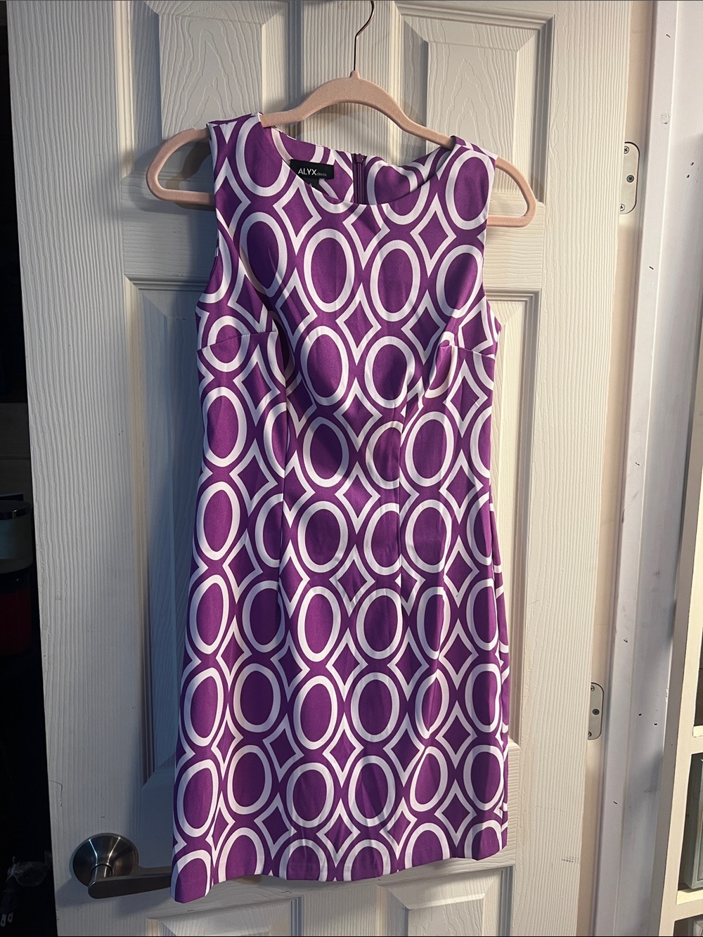 Alyx Purple and White Geometric Sleeveless Sheath Dress